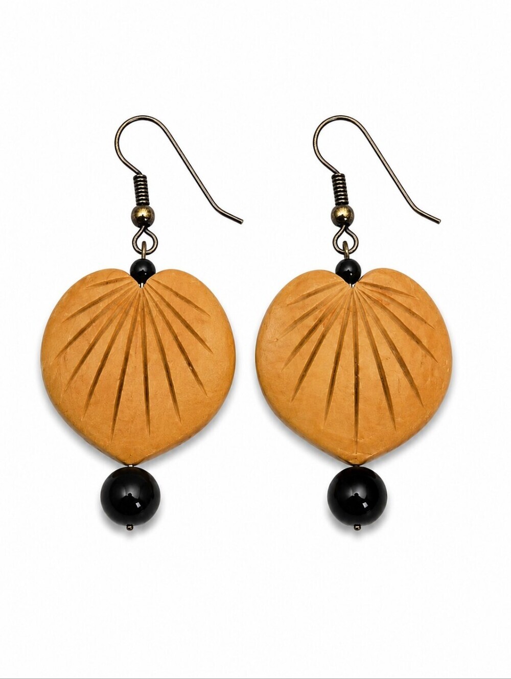 Vintage Estate Carved Wood Beaded Dangle Hook Earrings